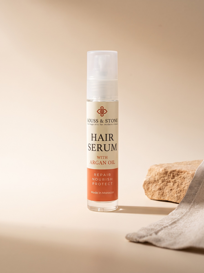 Bottle of Moroccan Argan Hair Serum with argan oil, on a neutral sand background with natural stone and linen