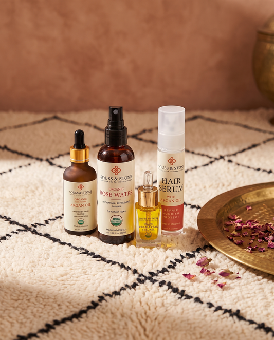 Complete Discovery Set -- Organic Moroccan Rose Water, Organic Prickly Pear Seed Oil, Organic Moroccan Argan Oil, and Moroccan Argan Hair Serum bottles grouped together