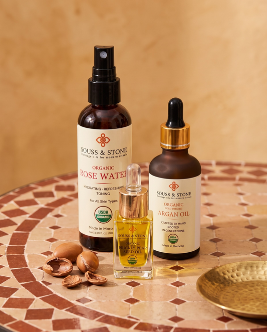 Full Moroccan Ritual -- Organic Moroccan Rose Water, Organic Prickly Pear Seed Oil, and Organic Moroccan Argan Oil bottles grouped together