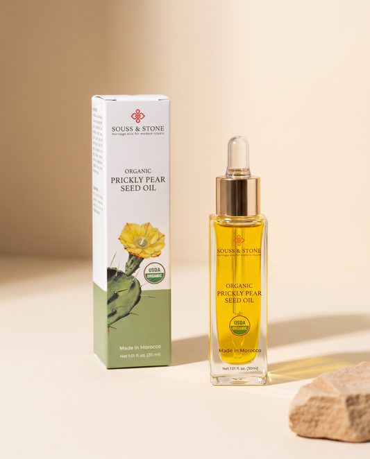 Bottle of Organic Prickly Pear Seed Oil, 30 ml, three-quarter angle view