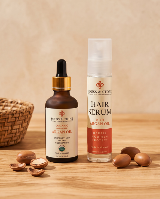 Hair & Skin Set -- Organic Moroccan Argan Oil and Moroccan Argan Hair Serum bottles grouped together