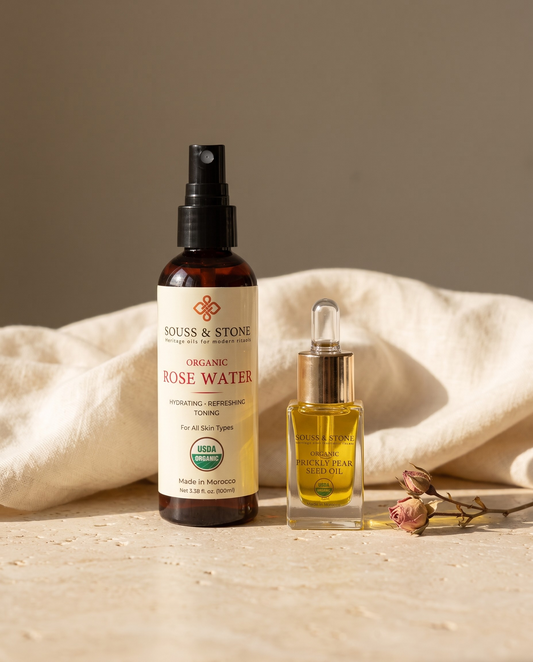 Moroccan Glow Starter Set -- Organic Moroccan Rose Water and Organic Prickly Pear Seed Oil bottles grouped together