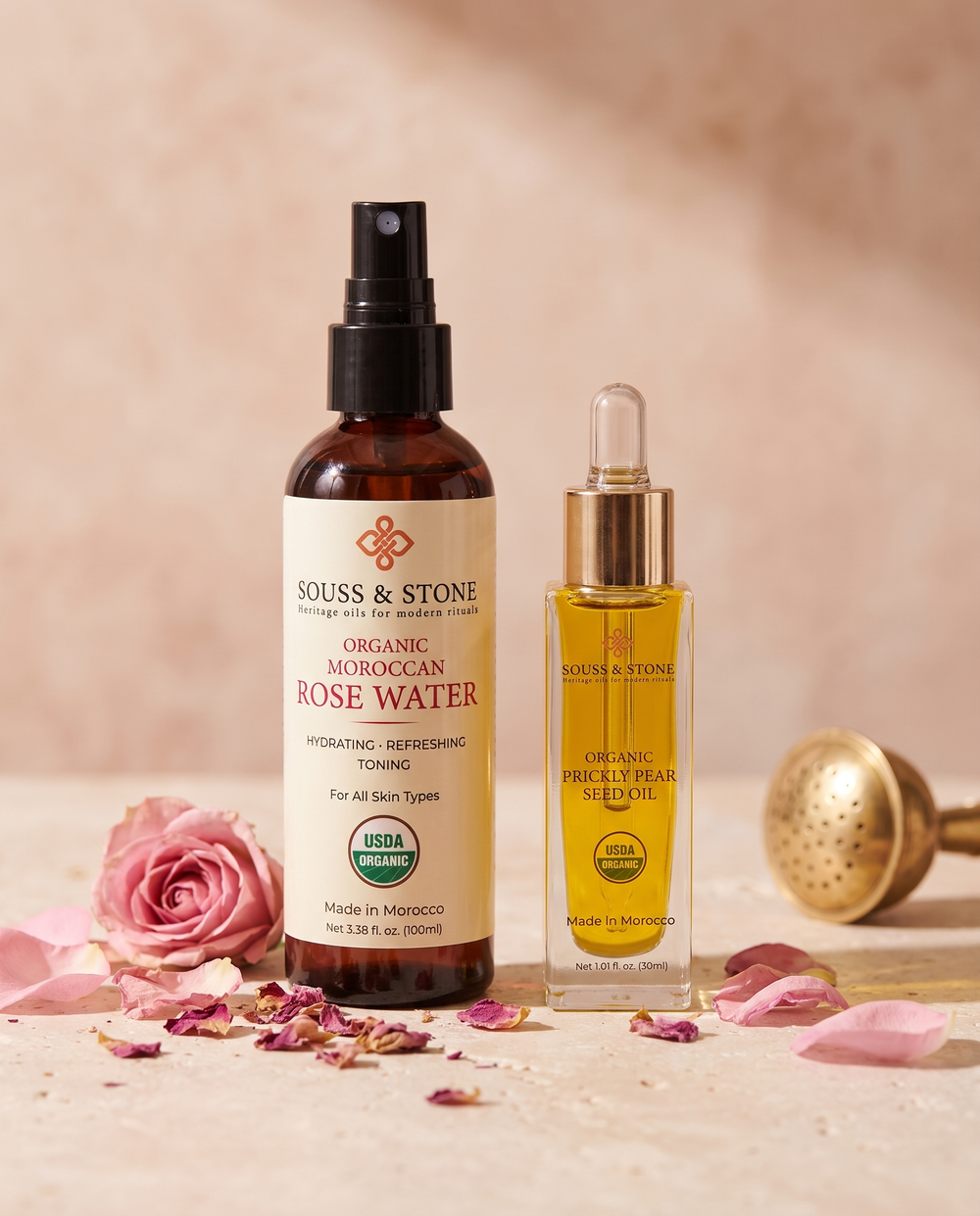 Premium Face Ritual -- Organic Prickly Pear Seed Oil and Organic Moroccan Rose Water bottles grouped together