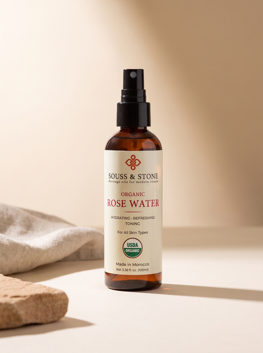 Bottle of Organic Moroccan Rose Water, 100 ml, on a neutral sand background with natural stone and linen