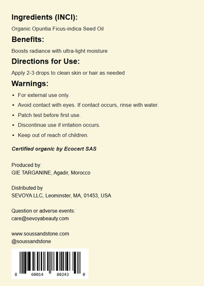 Ingredients label on the back of the Organic Prickly Pear Seed Oil bottle, 30 ml